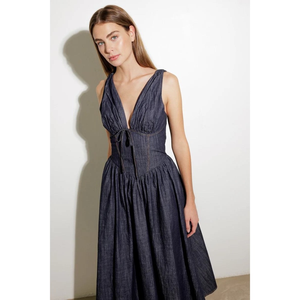 Freemarket Rustic Dream Woven Denim Midi Dress Womens M Dark Wash Corset V-Neck